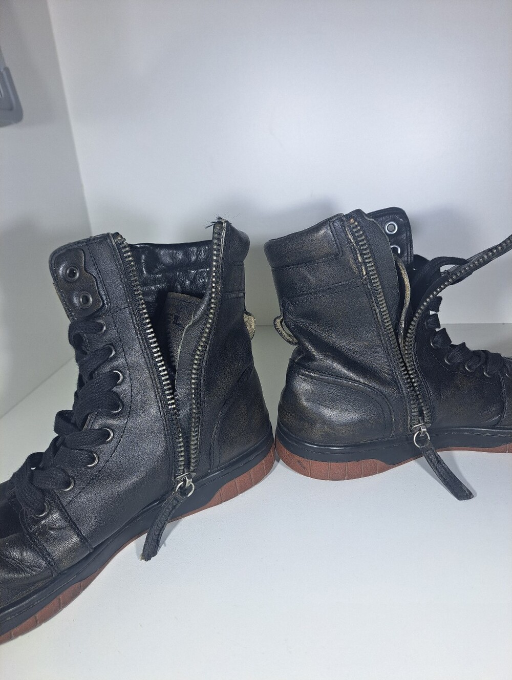 Diesel Black Leather Lace-Up Combat Boots with Brown Soles - Picture 9 of 10